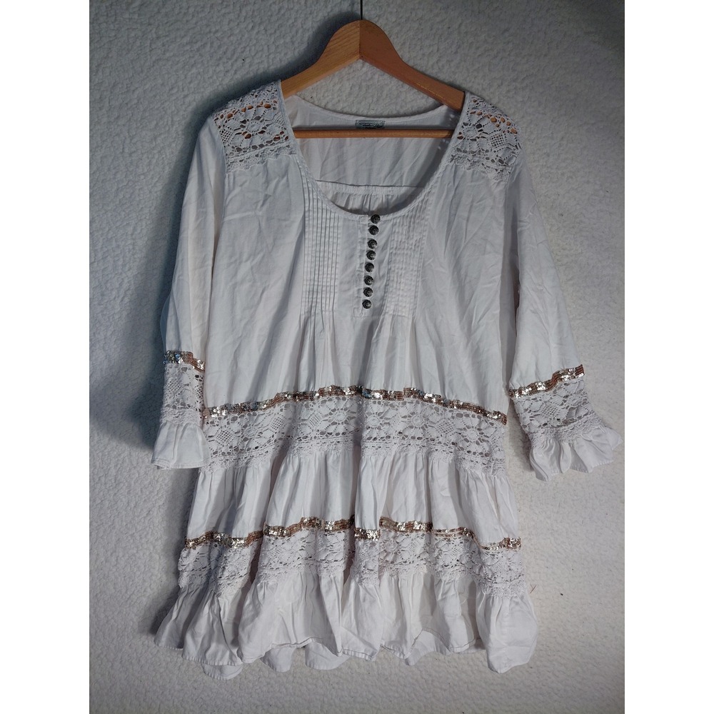 Tasha Polizzi Collection White Sequin Lace Tiered Boho Tunic Top XL Womens